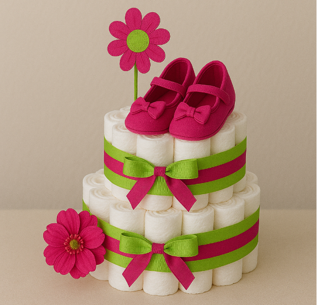 Pink & Green Two-Tier Diaper Cake