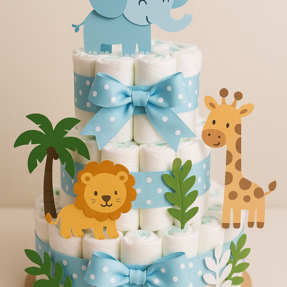 Safari Friends Two-Tier Diaper Cake (Blue)